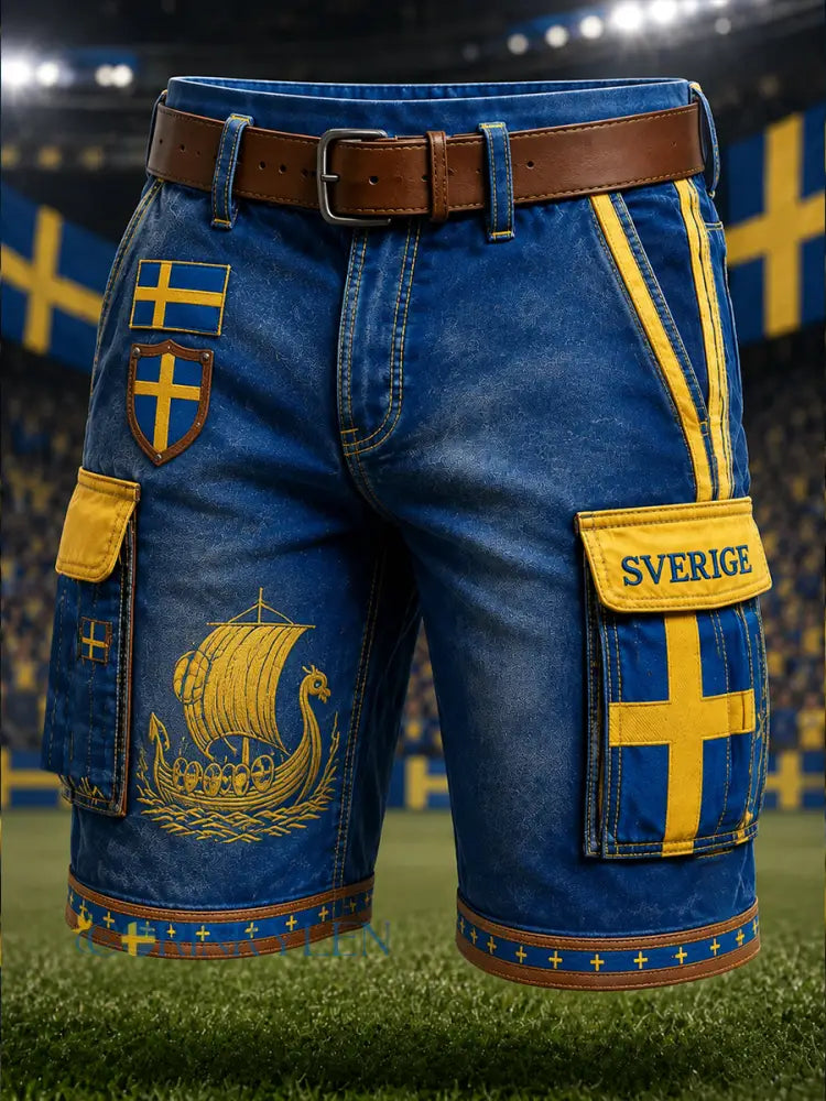 Herrliga vikingafotbollstryckade korta cargobyxor i denim - A / S