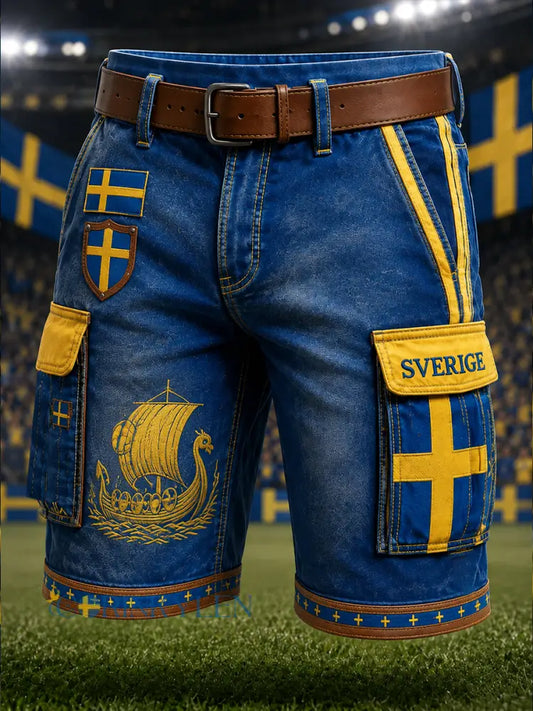 Herrliga vikingafotbollstryckade korta cargobyxor i denim - A / S