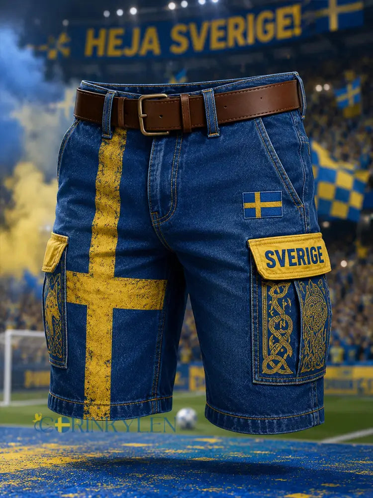 Herrliga vikingafotbollstryckade korta cargobyxor i denim - A / S