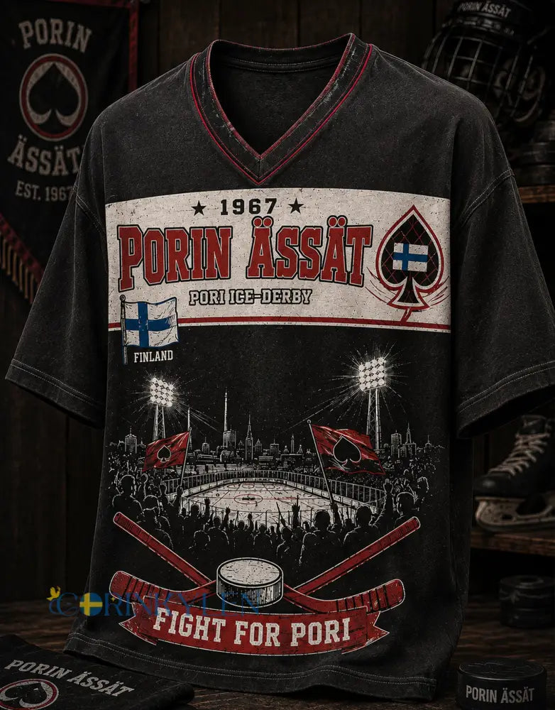 Herrligan finsk ishockey Porin Ässät V-ringad kortärmad t-shirt - A / S
