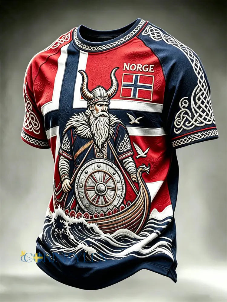 Herrligan Norge vikingkrigare och skepp med keltiskt knutmönster – t-shirt med korta ärmar och flaggtryck - röd / S