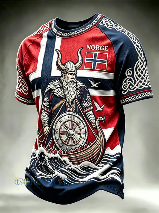 Herrligan Norge vikingkrigare och skepp med keltiskt knutmönster – t-shirt med korta ärmar och flaggtryck - röd / S