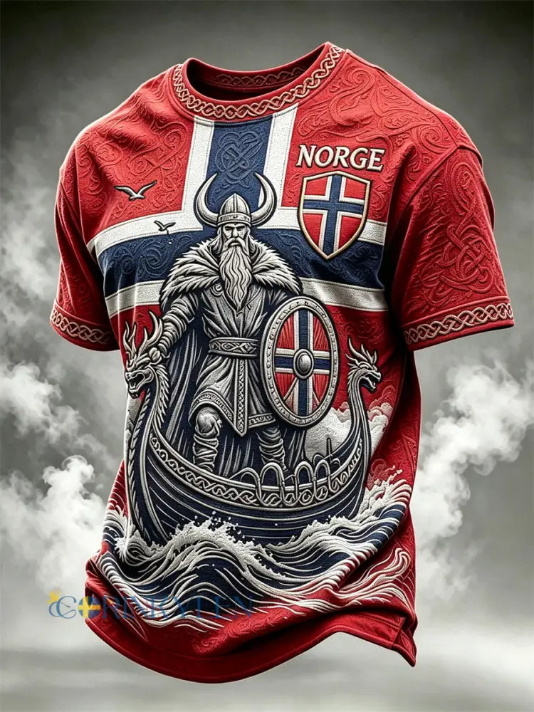 Herrligan Norge vikingkrigare och skepp med keltiskt knutmönster – t-shirt med korta ärmar och flaggtryck - röd / S