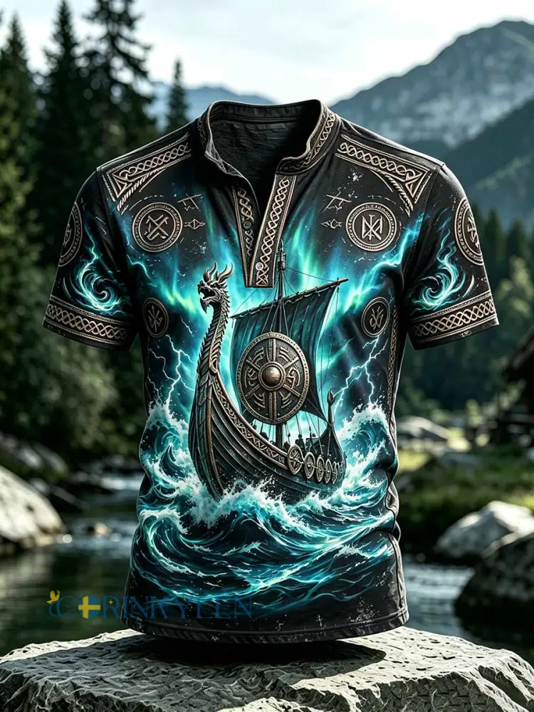 Herrligt retrovikingatryck på ledig kortärmad t-shirt - som bild / S