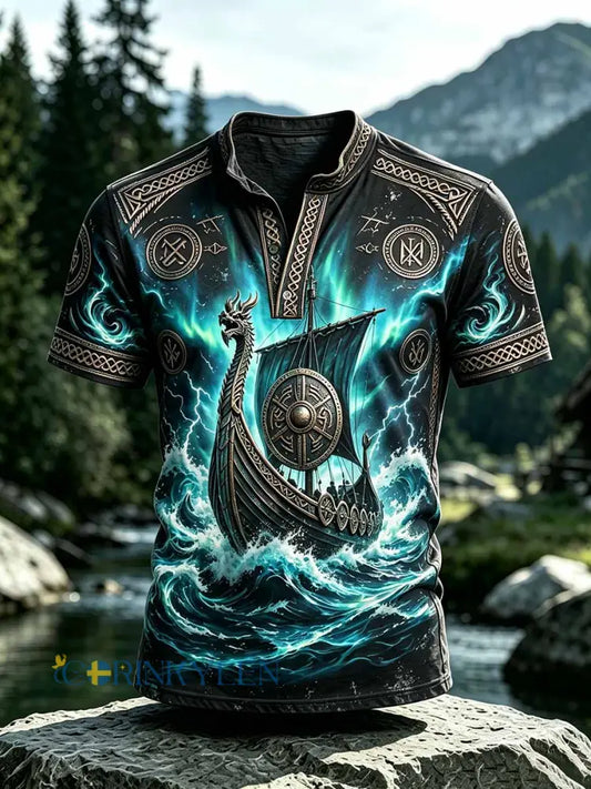 Herrligt retrovikingatryck på ledig kortärmad t-shirt - som bild / S