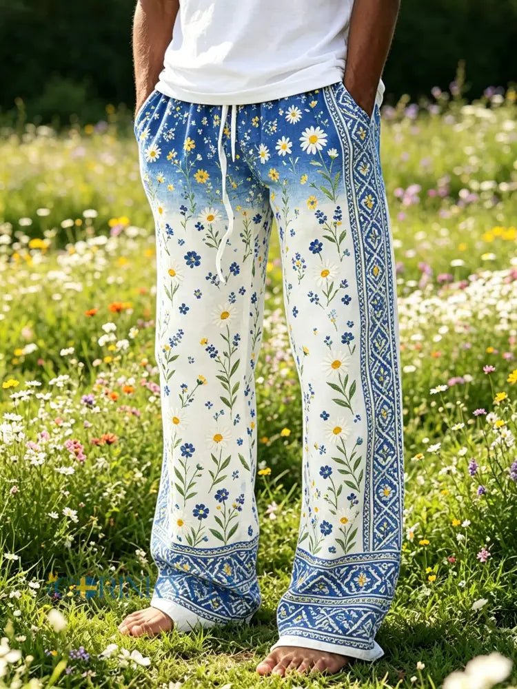 Herrmiddagsfest blommig färggradient bomullslinne avslappnade byxor - A / S