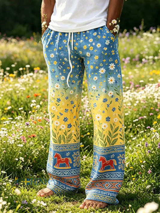 Herrmiddagsfest blommig färggradient bomullslinne avslappnade byxor - A / S