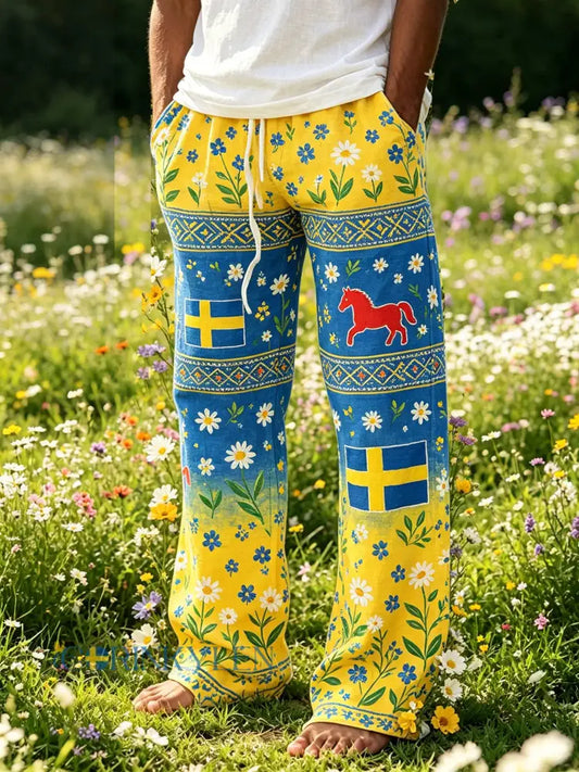 Herrmiddagsfest blommig färggradient bomullslinne avslappnade byxor - A / S