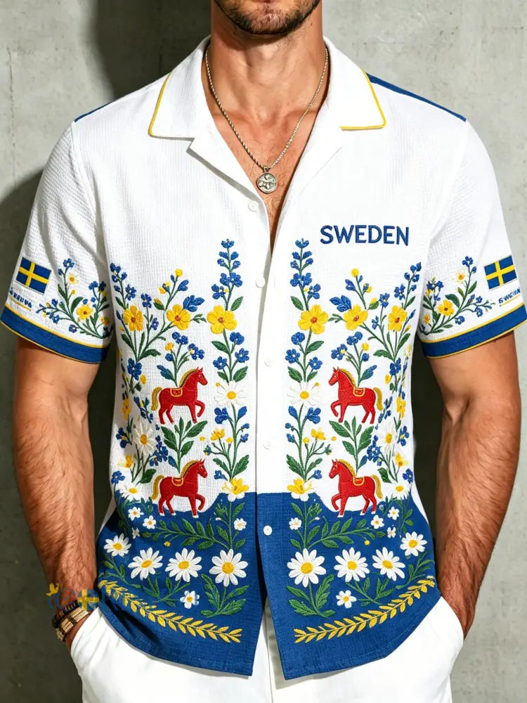 Herrmidsommartröja i waffeltyg med blommönster - A / S