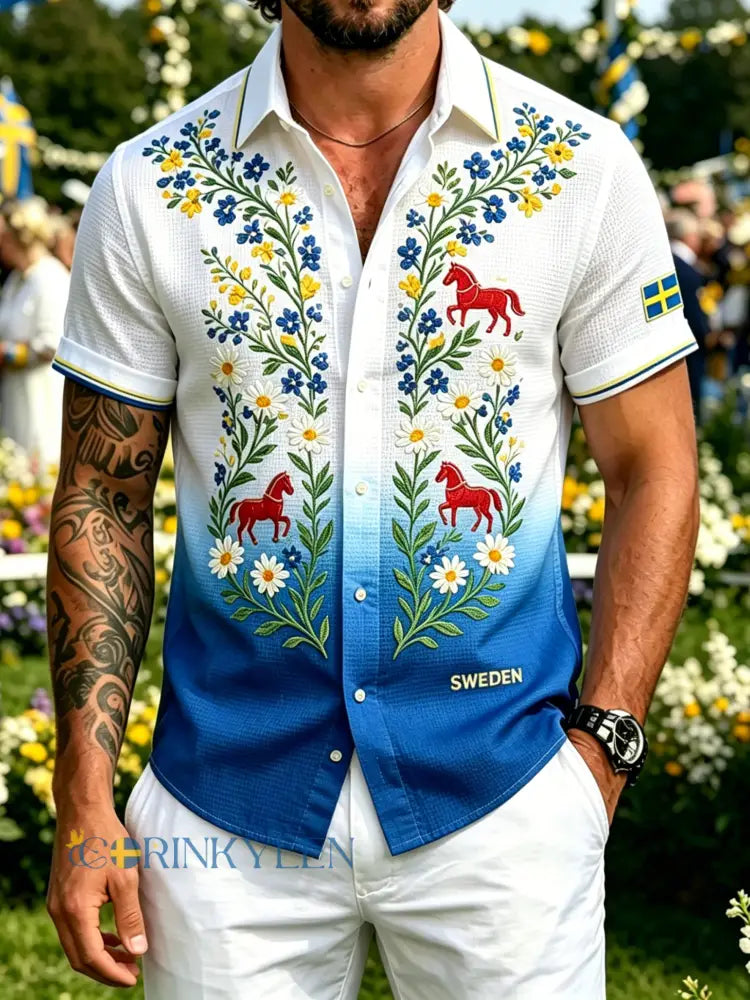 Herrmidsommartröja i waffeltyg med blommönster - A / S