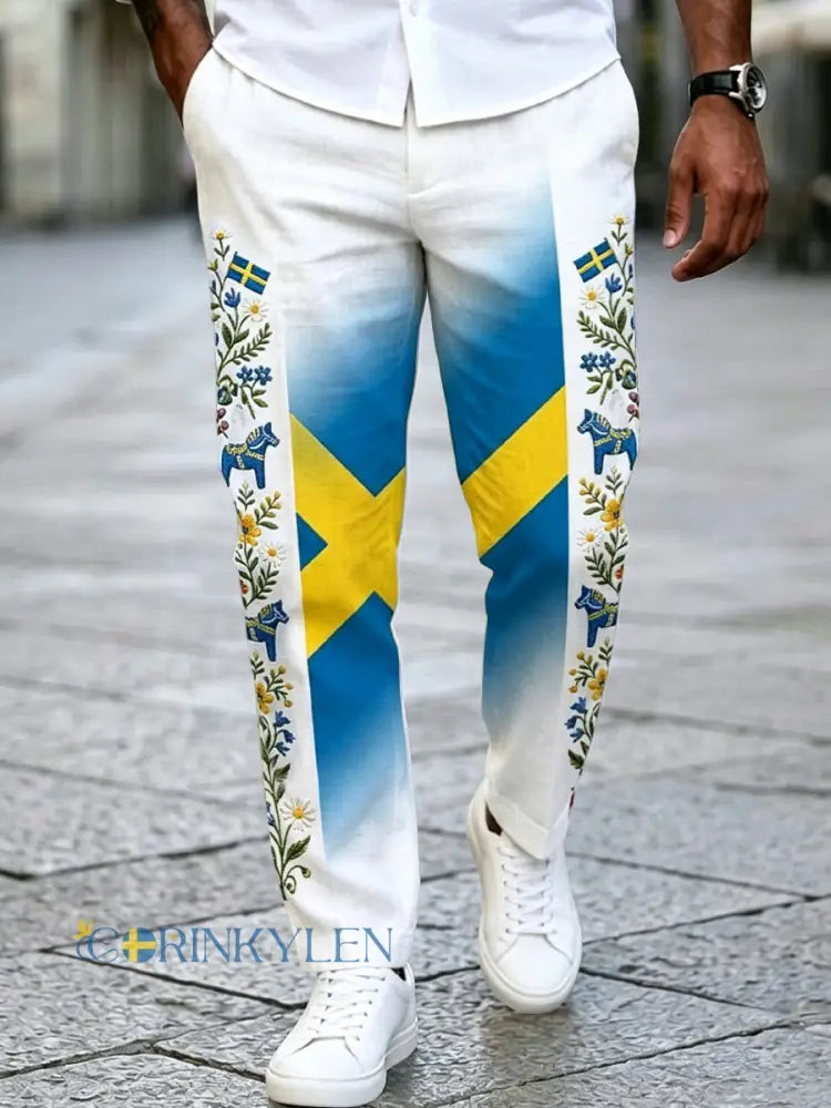 Herrpajamas i retrostil svensk midsommar lapptäcke bomull-linne lediga byxor - vitt / S