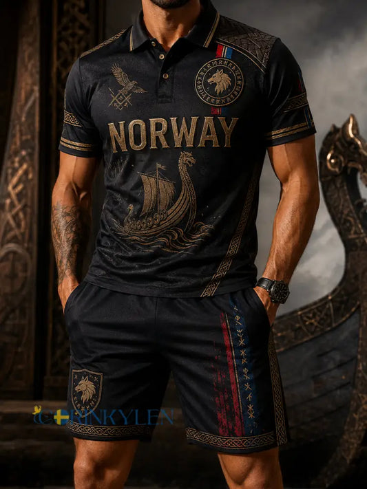Herrpaket med retroinspirerad norsk fotbollssupportermatchkonsttryck på polotröja – 2-delat set - A / S