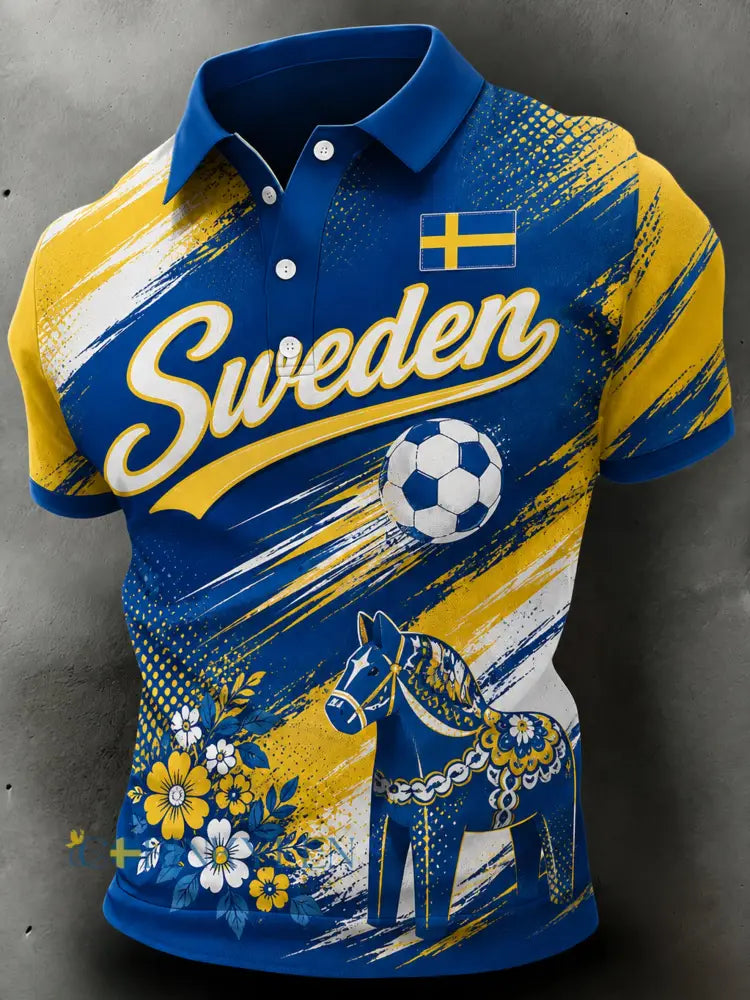 Herrpolo med konstnärlig tryck i svenska fotbollsfärgerna - A / S
