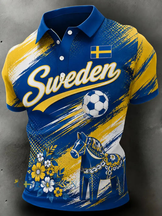 Herrpolo med konstnärlig tryck i svenska fotbollsfärgerna - A / S