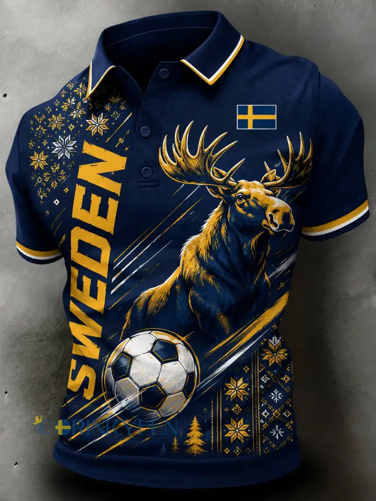 Herrpolo med konstnärlig tryck i svenska fotbollsfärgerna - A / S