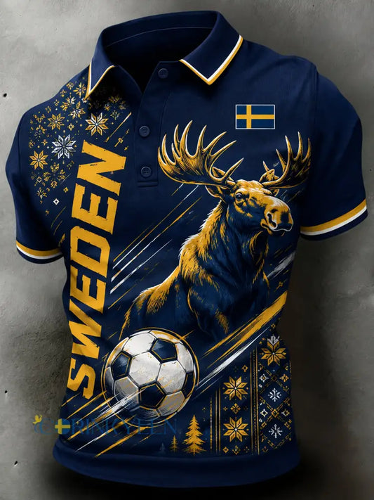 Herrpolo med konstnärlig tryck i svenska fotbollsfärgerna - A / S