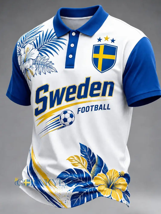 Herrpolo med konstnärlig tryck i svenska fotbollsfärgerna - A / S