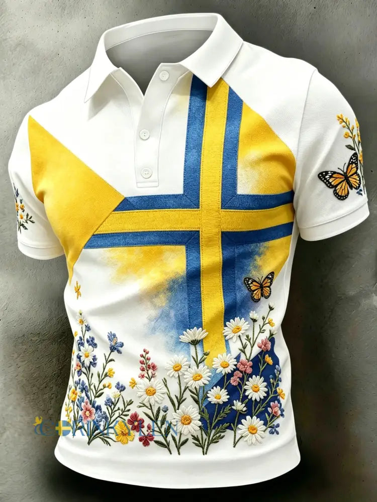 Herrpolo med konsttryck som hyllar Sveriges nationaldag och midsommarfesten - A / S