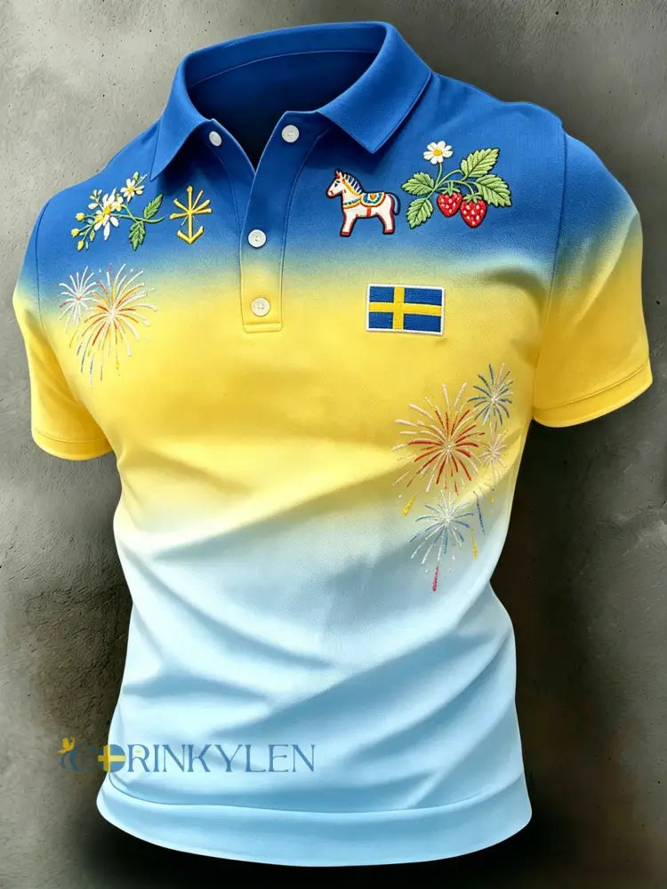 Herrpolo med konsttryck som hyllar Sveriges nationaldag och midsommarfesten - A / S