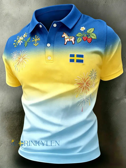 Herrpolo med konsttryck som hyllar Sveriges nationaldag och midsommarfesten - A / S