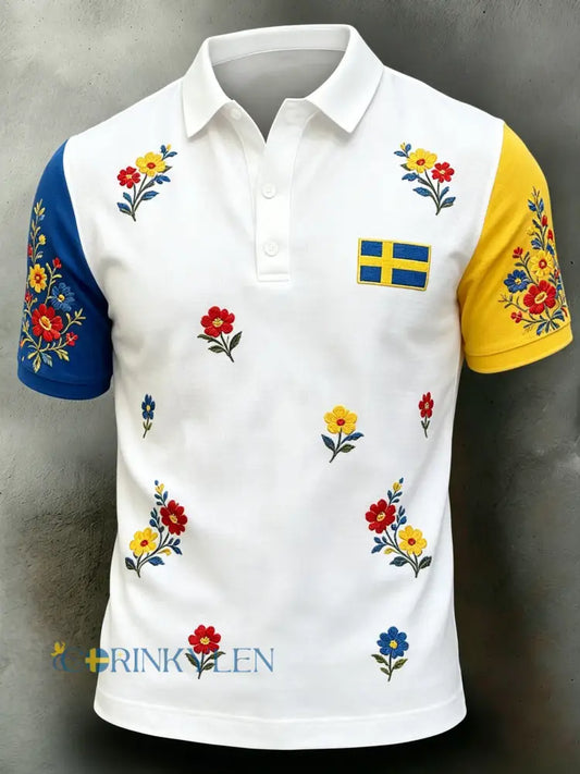 Herrpolo med konsttryck som hyllar Sveriges nationaldag och midsommarfesten - A / S