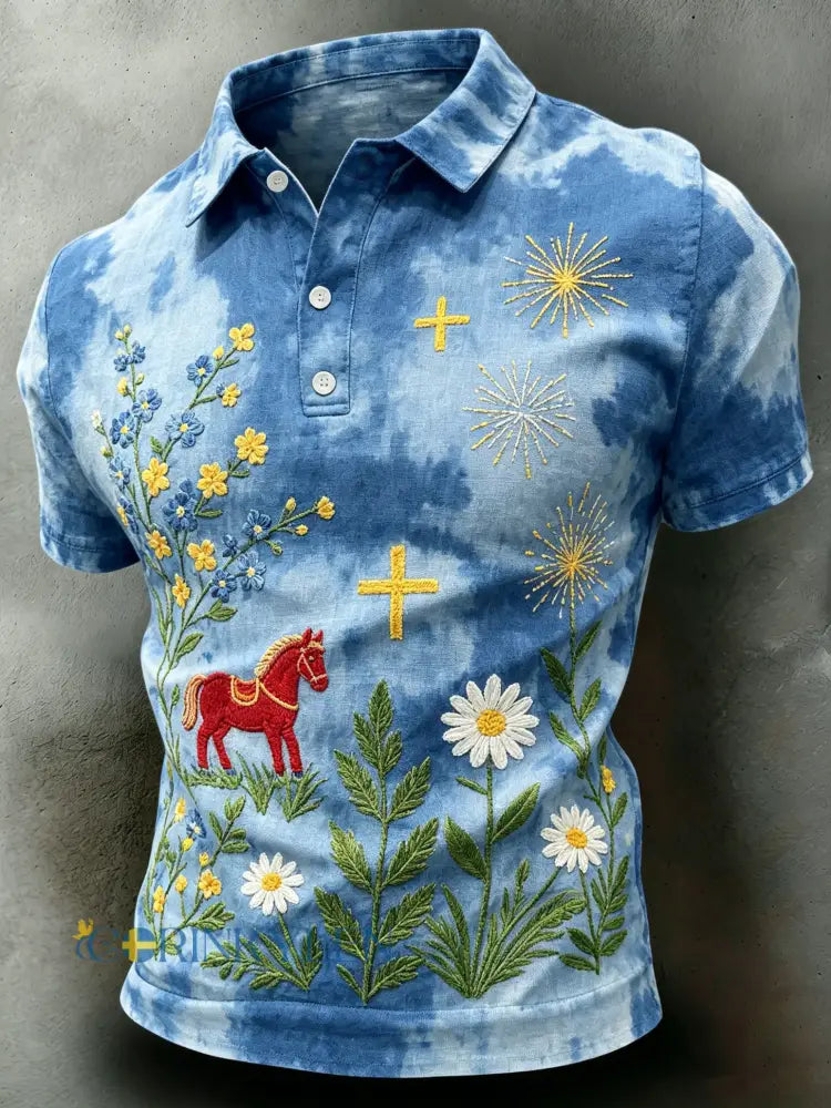 Herrpolo med konsttryck som hyllar Sveriges nationaldag och midsommarfesten - A / S