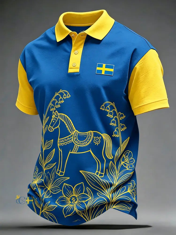Herrpolo med konsttryck som hyllar Sveriges nationaldag och midsommarfesten - A / S