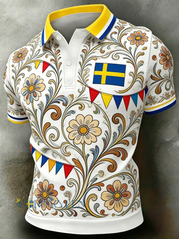Herrpolo med korta ärmar och konsttryck till minne av Sveriges nationaldag - A / S