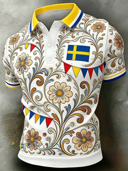 Herrpolo med korta ärmar och konsttryck till minne av Sveriges nationaldag - A / S