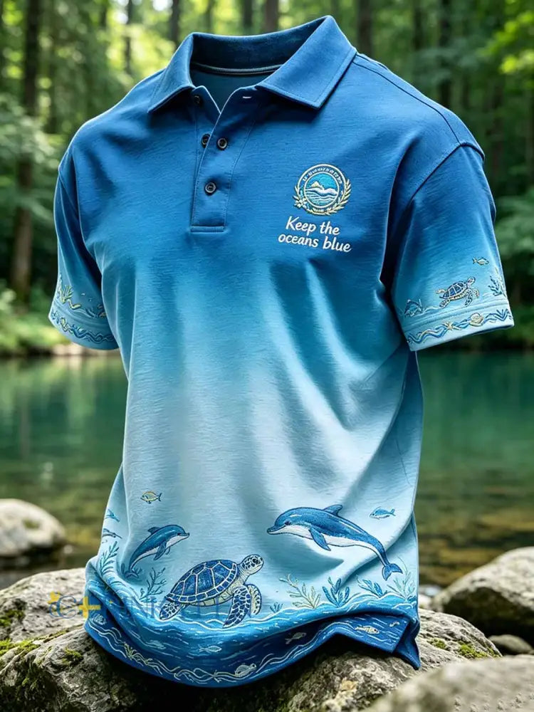 Herrpolotröja i casual-stil med tryckt motiv: ’Keep The Oceans Blue’ - som bild / S