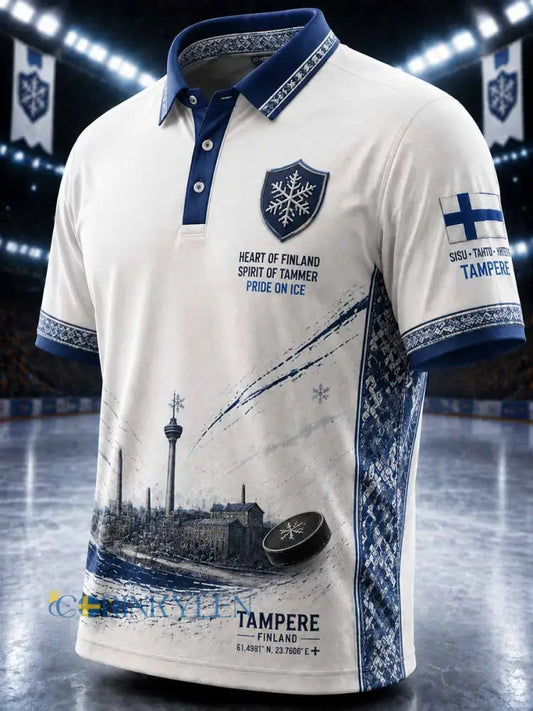 Herrpolotröja i finsk ishockeystil med yxemönster tryckt Tampere - som bild / S