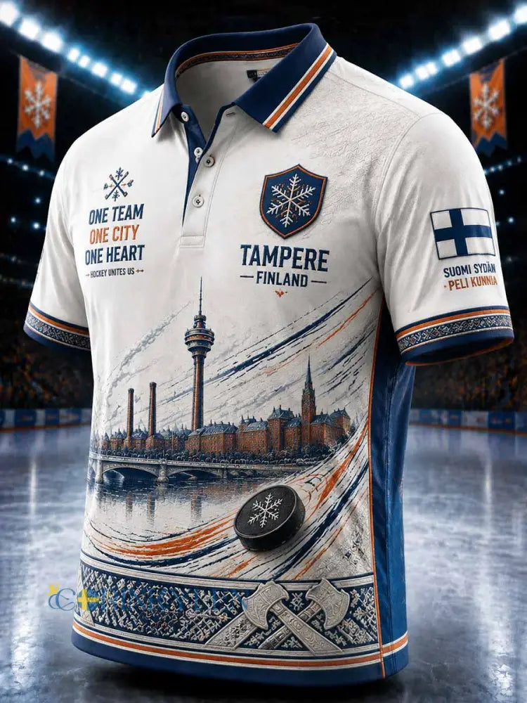 Herrpolotröja i finsk ishockeystil med yxemönster tryckt Tampere - som bild / S