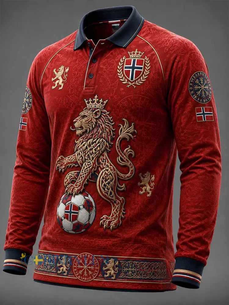 Herrpolotröja i norskt landslagsdesign med fotbollsmotiv och långa ärmar - som bild / S