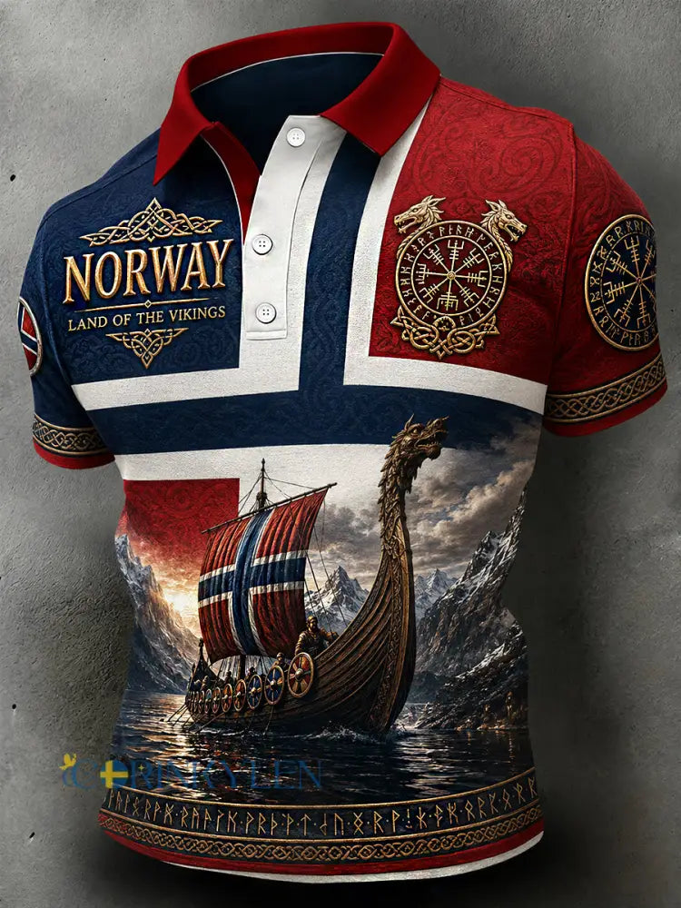 Herrpolotröja i retro-nordisk stil med norsk konsttryck - A / S