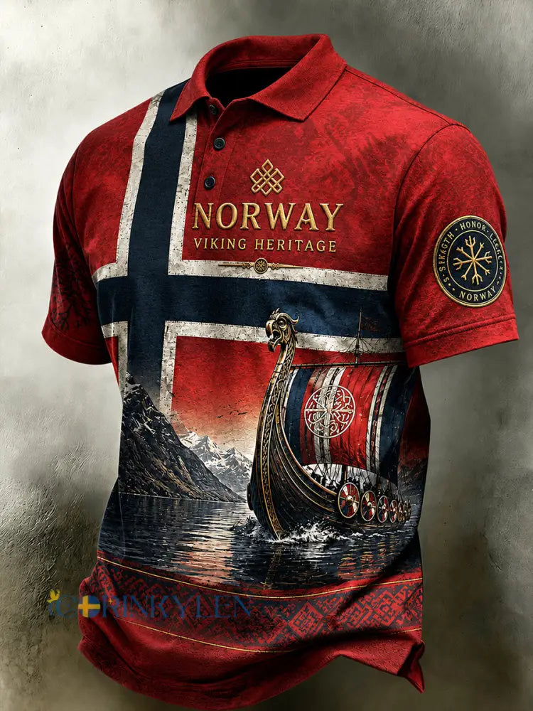 Herrpolotröja i retro-nordisk stil med norsk konsttryck - A / S