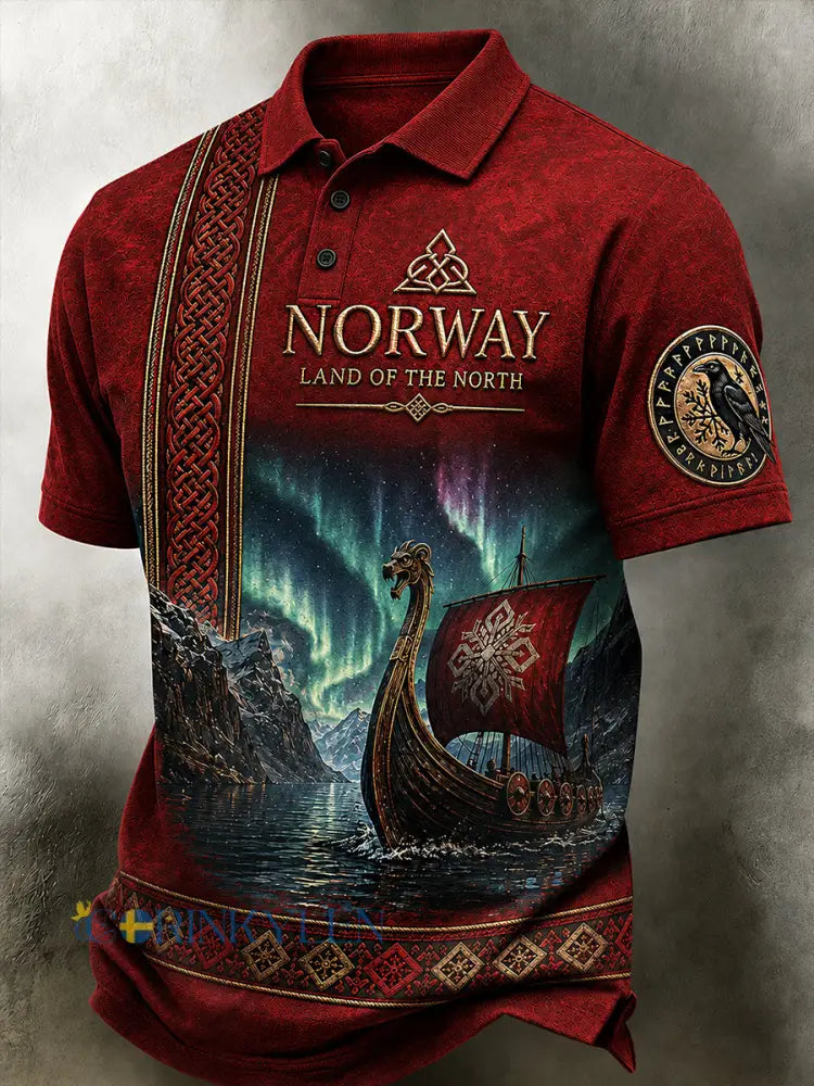 Herrpolotröja i retro-nordisk stil med norsk konsttryck - A / S