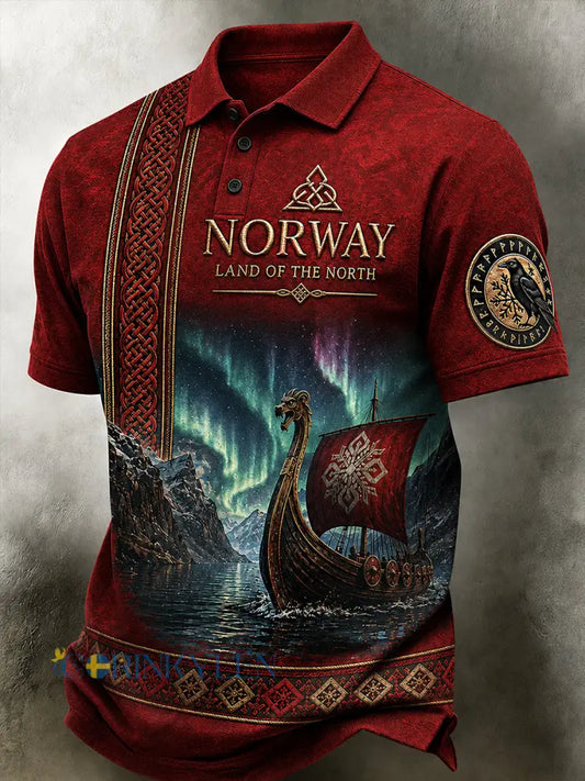 Herrpolotröja i retro-nordisk stil med norsk konsttryck - A / S