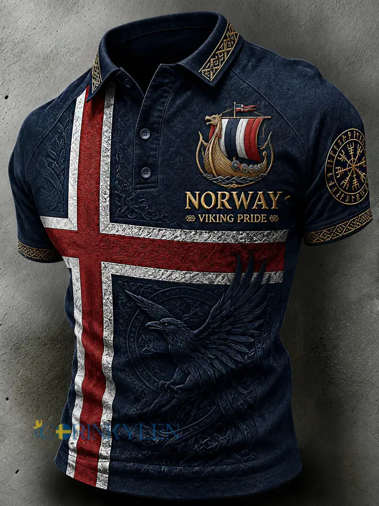 Herrpolotröja i retro-nordisk stil med norsk konsttryck - A / S