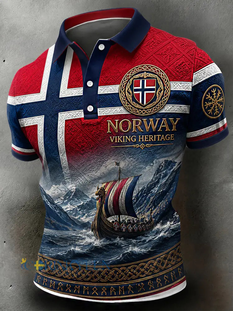 Herrpolotröja i retro-nordisk stil med norsk konsttryck - A / S