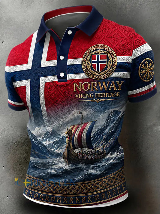 Herrpolotröja i retro-nordisk stil med norsk konsttryck - A / S