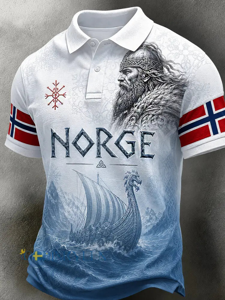 Herrpolotröja i retro-nordisk stil med norsk konsttryck - A / S