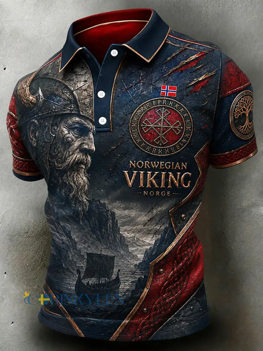 Herrpolotröja i retro-nordisk stil med norsk konsttryck - A / S