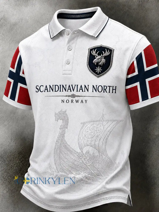 Herrpolotröja i retro-nordisk stil med norsk konsttryck - A / S