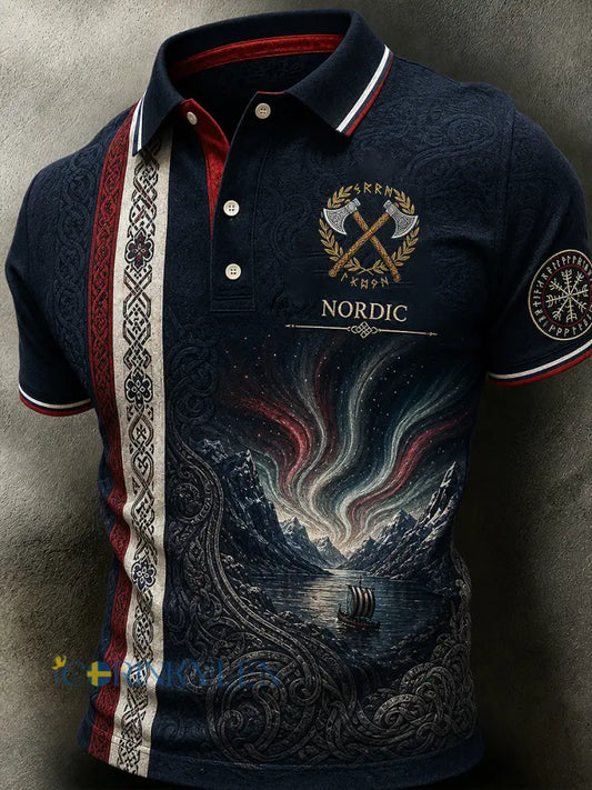 Herrpolotröja i retro-nordisk stil med norsk konsttryck - A / S