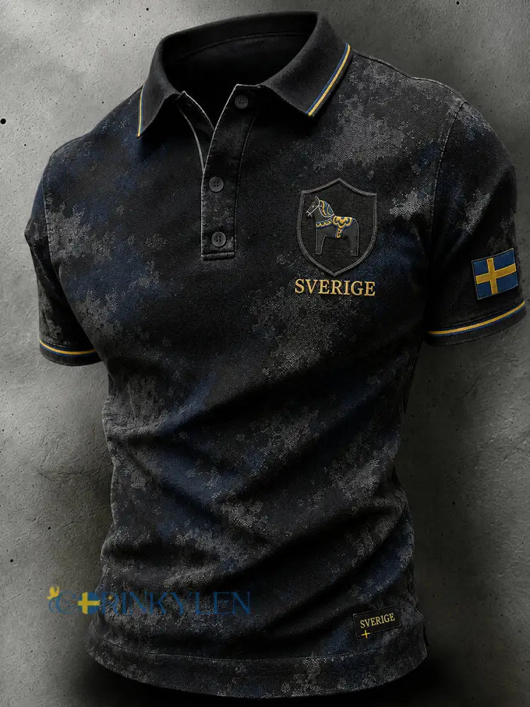 Herrpolotröja i retro-nordisk stil med norsk konsttryck - A / S