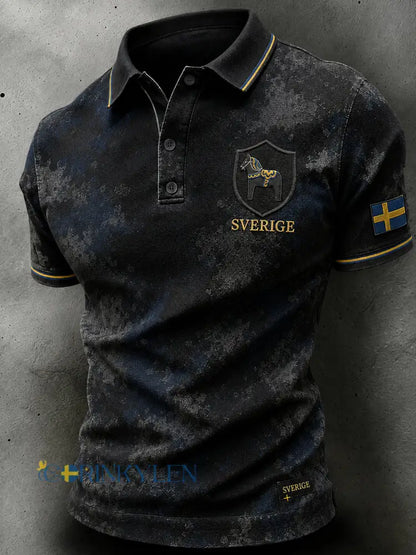 Herrpolotröja i retro-nordisk stil med norsk konsttryck - A / S