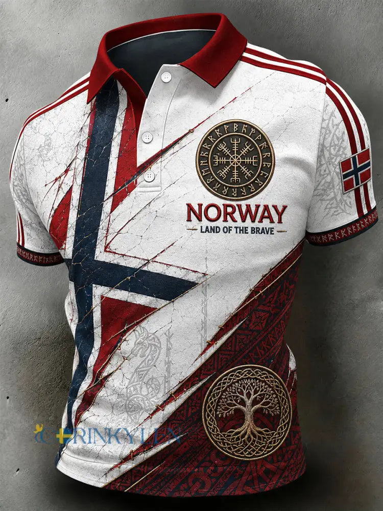 Herrpolotröja i retro-nordisk stil med norsk konsttryck - A / S