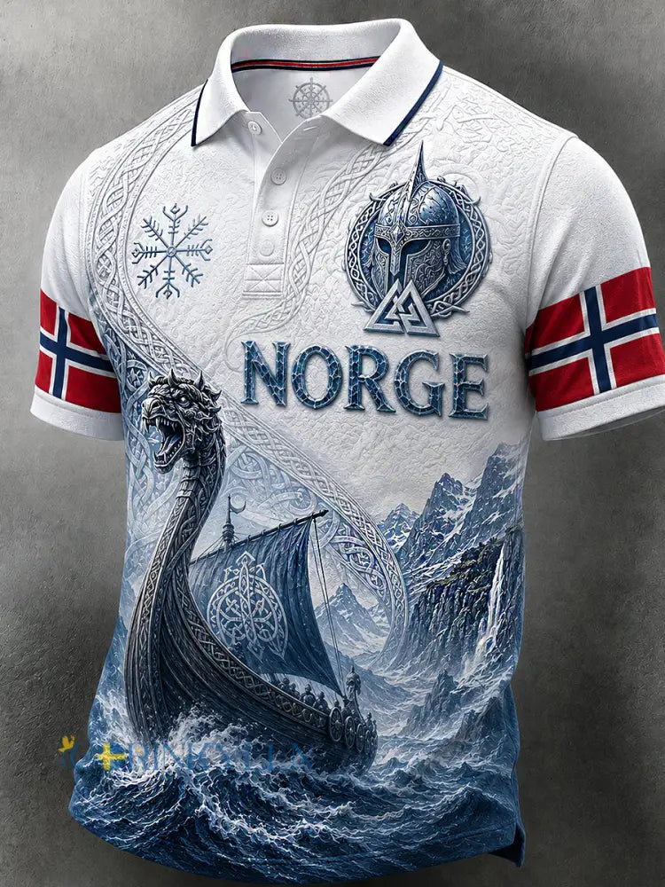 Herrpolotröja i retro-nordisk stil med norsk konsttryck - A / S