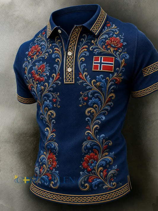 Herrpolotröja i retro nordisk stil med norsk konsttryck avslappnad stil - A / S