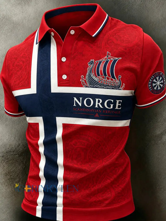 Herrpolotröja i retro nordisk stil med norsk konsttryck avslappnad stil - A / S
